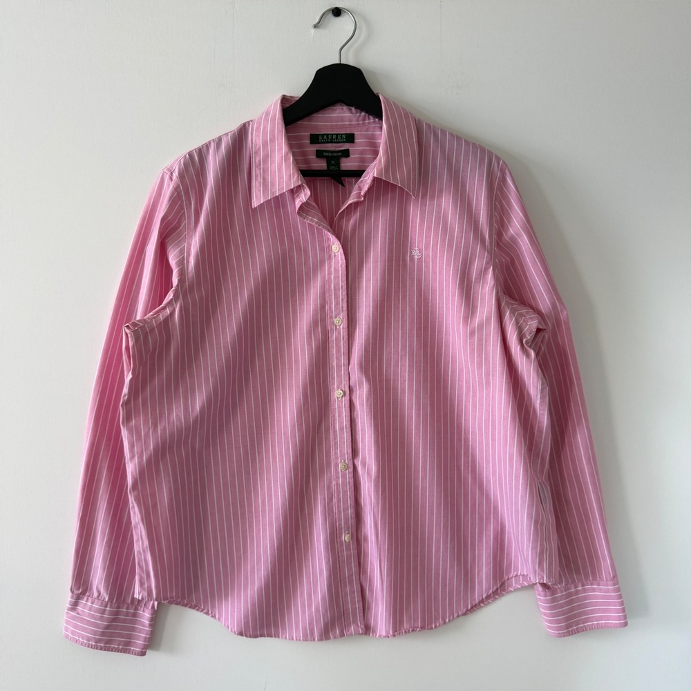 Lauren Ralph Lauren Pink White Striped Non-Iron Cotton Button Down Shirt XL LRL